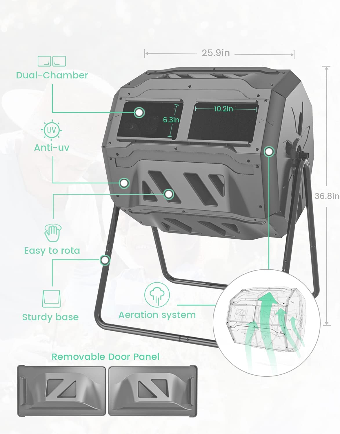 EJWOX Compost Bin Tumbler Outdoor 43 Gal, Dual Chamber, BPA Free, Black Door