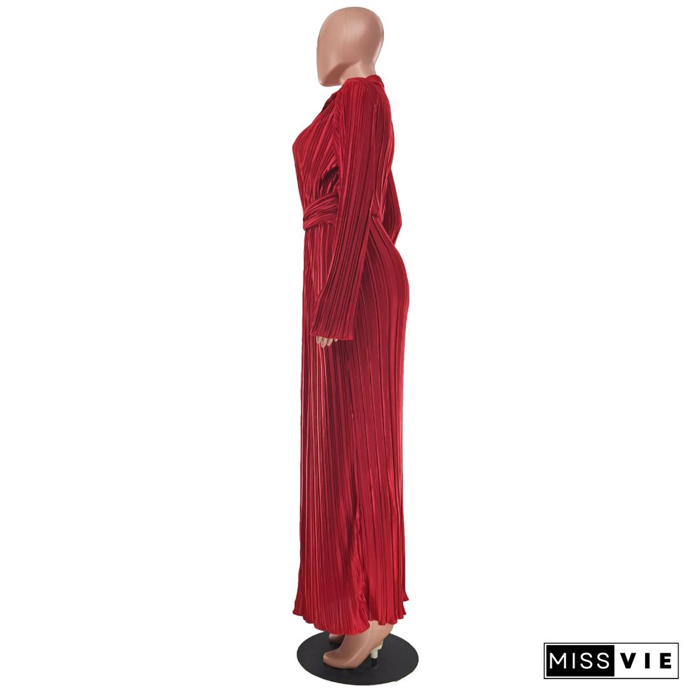 Sexy Slit New V-neck Long-sleeved Pleated Dress