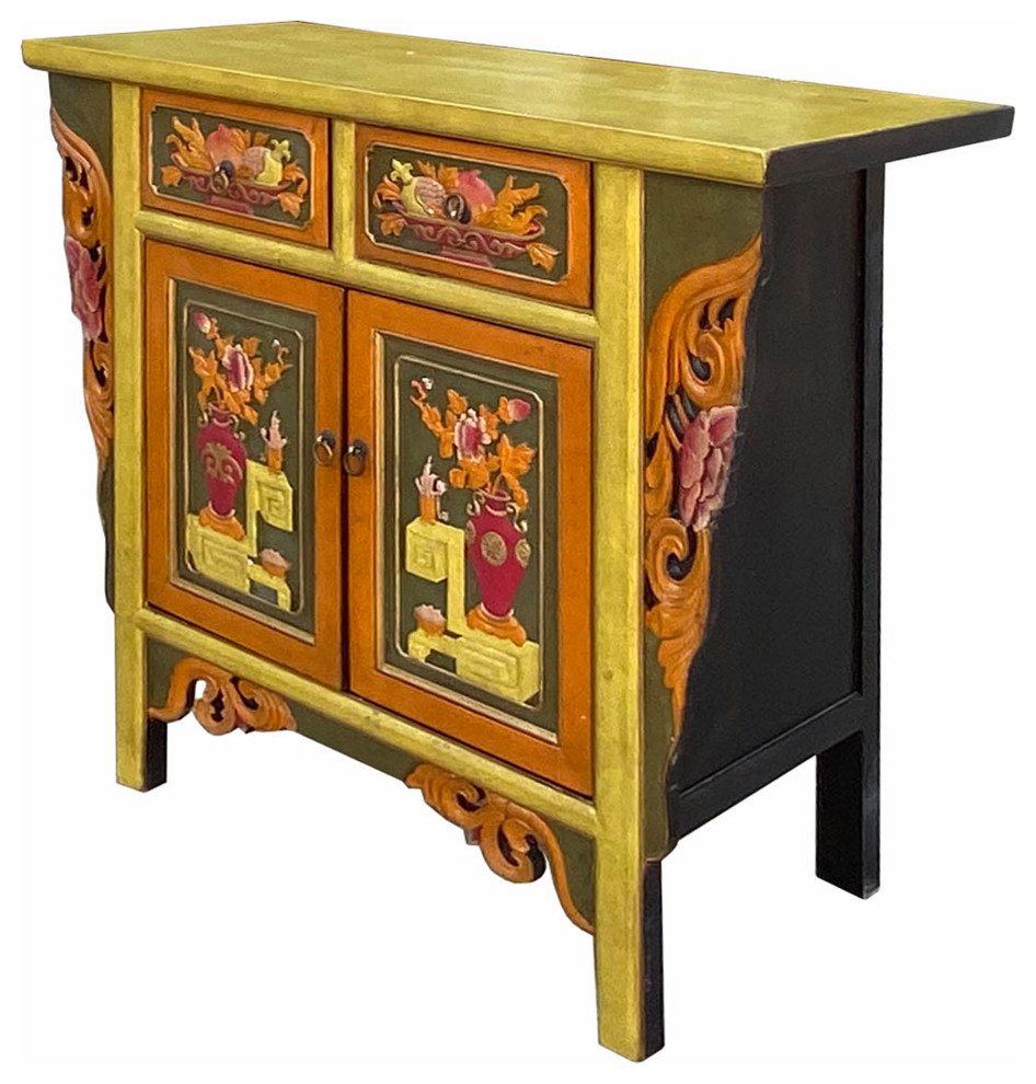 Chinese Distressed Mustard Yellow Orange Flower Carving Table Cabinet Hcs7111   Asian   Side Tables And End Tables   by Golden Lotus Antiques  Houzz