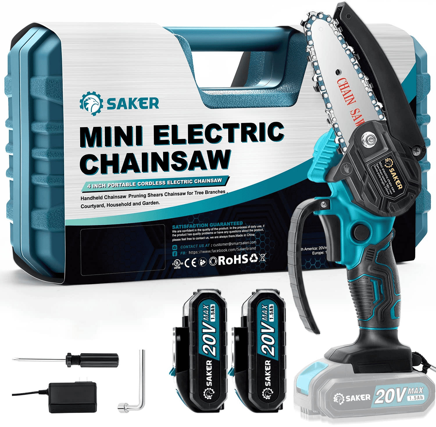 Saker 4 Inch Mini Chainsaw， Portable Electric Chainsaw Cordless， Handheld Chain Saw Pruning Shears Chainsaw for Tree Branches ， Courtyard， Household and Garden( Chainsaw + 2 Batteries)