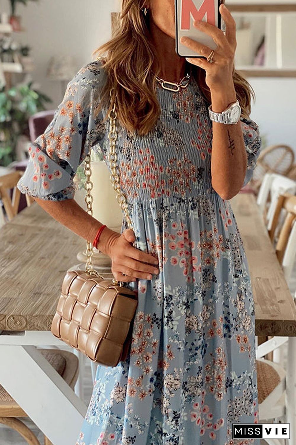 Floral Print O Neck Maxi Dress