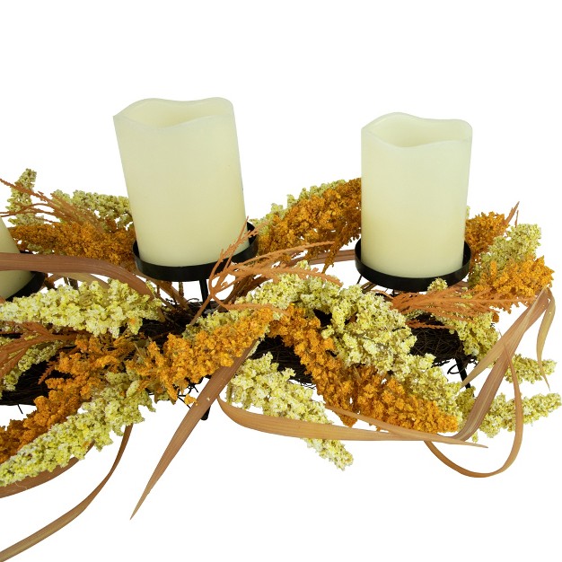 Autumn Harvest Triple Candle Holder With Artificial Fall Foliage