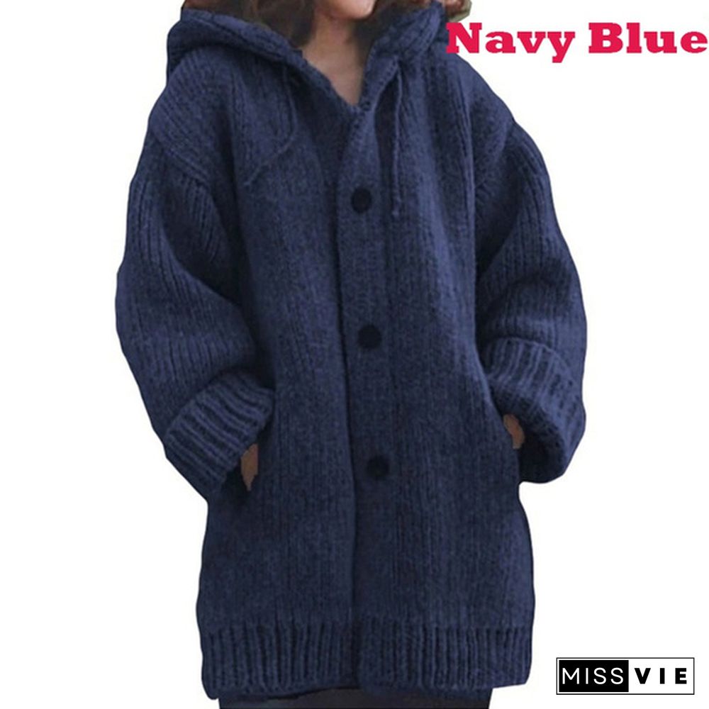 Women Fashion Mid-length Button Up Knitted Cardigan Jackets Ladies Casual Autumn and Winter Hooded Sweater Coats Strickjacke Damen