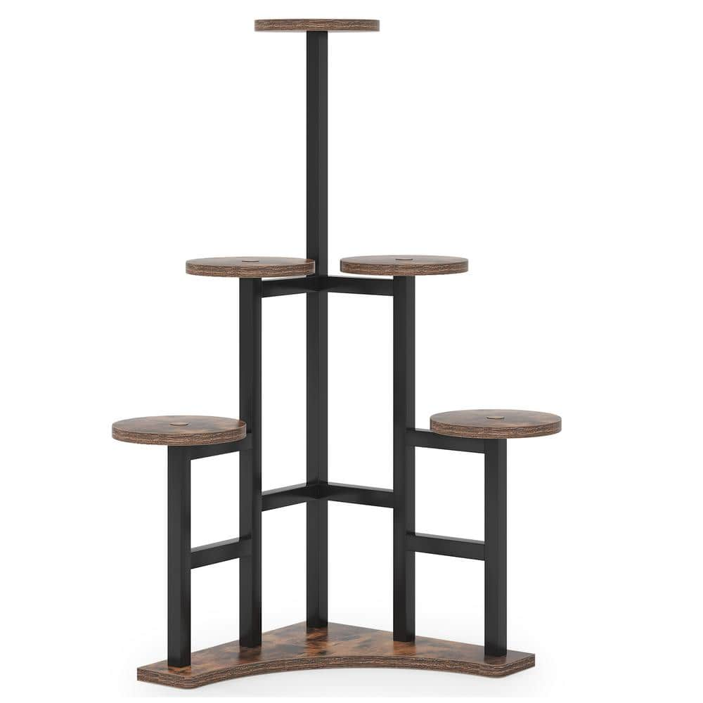 BYBLIGHT Wellston 43.7 in. Rustic Brown Round Wood Corner Plant Stand Indoor， 6 Tier Plant Shelf Flower Stand Tall Potted Plant BB-ZHS007XF