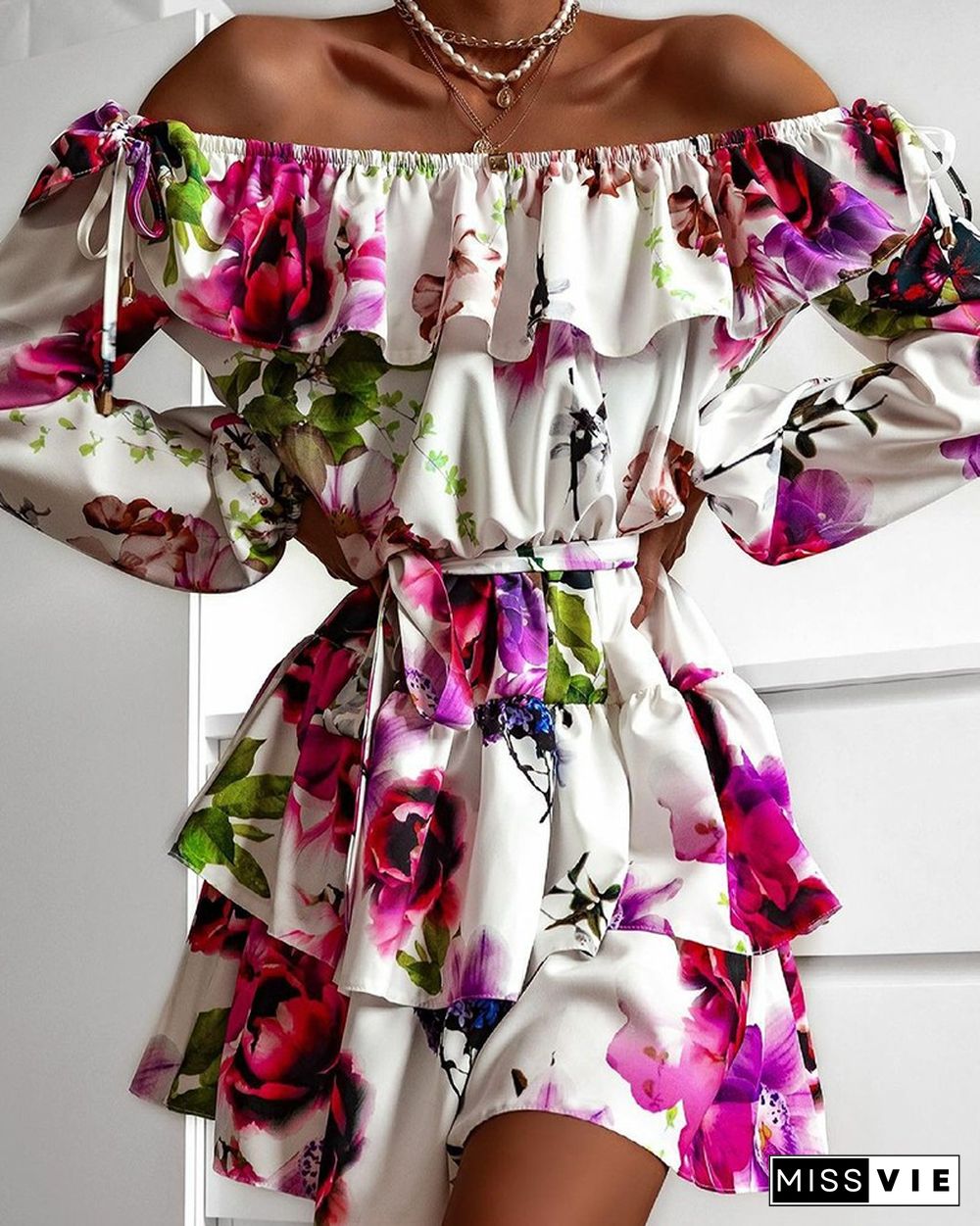 Floral Print Off Shoulder Long Sleeve Ruffle Trim Dress