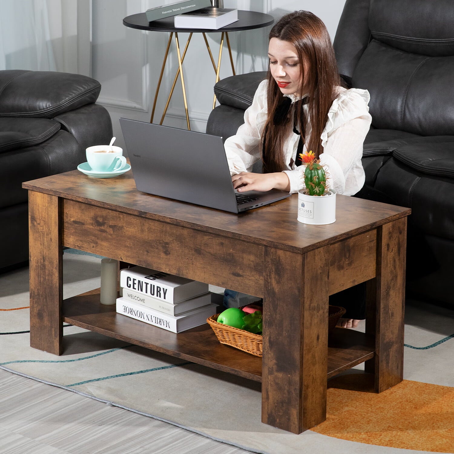 CL.Hpahkl Lift Top Coffee Table with Hidden Coartment, 38*28*23 Wooden Lift Tabletop Coffee Table with Storage Shelf Rectangular Living Room Tables for Home Living Room Reception Room Office