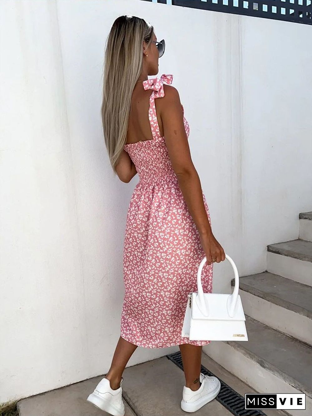 Sexy Bow Strap Printed Club A-line Dress Fashion Slim Slit Sleeveless Summer Dress Beach One Shoulder Backless Women ​Midi Dress