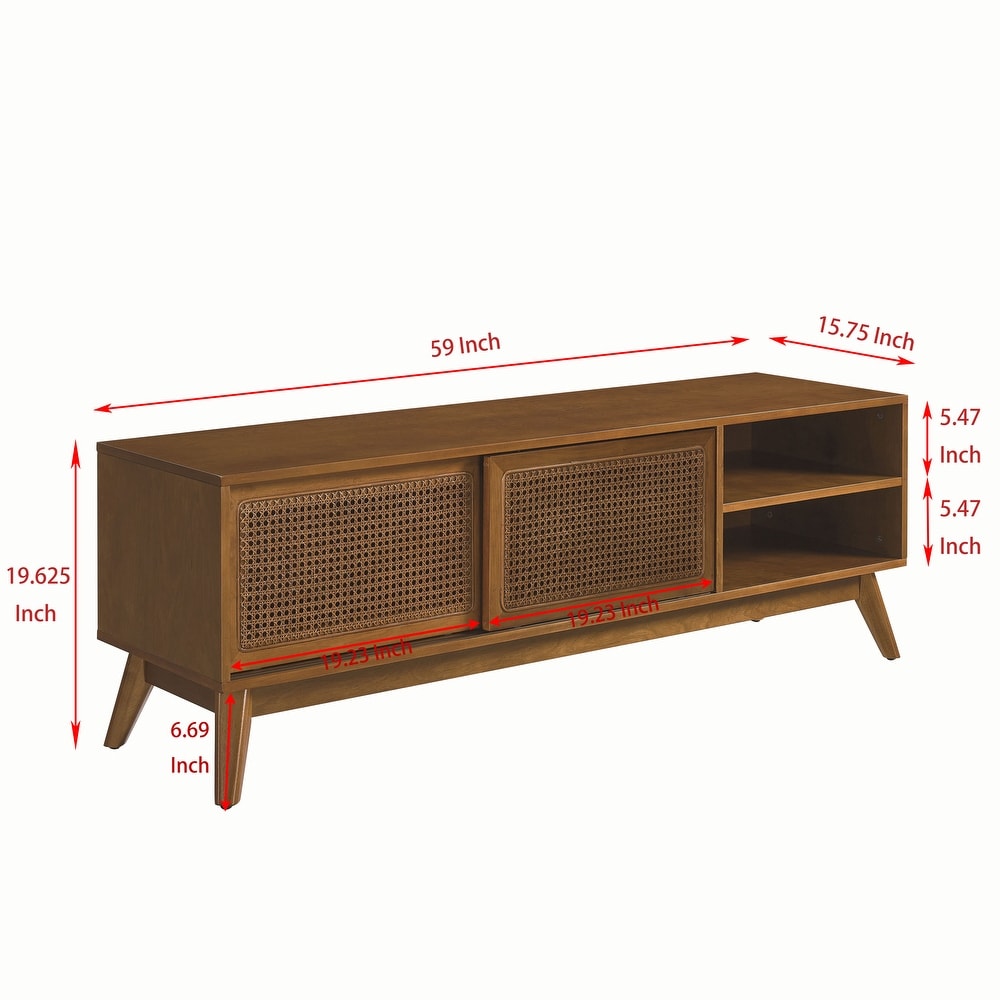 Rattan TV Stand Media Console Entertainment Cabinet for Living Room Bedroom w/ Wood Feet   Rattan Sliding Cabinet Doors