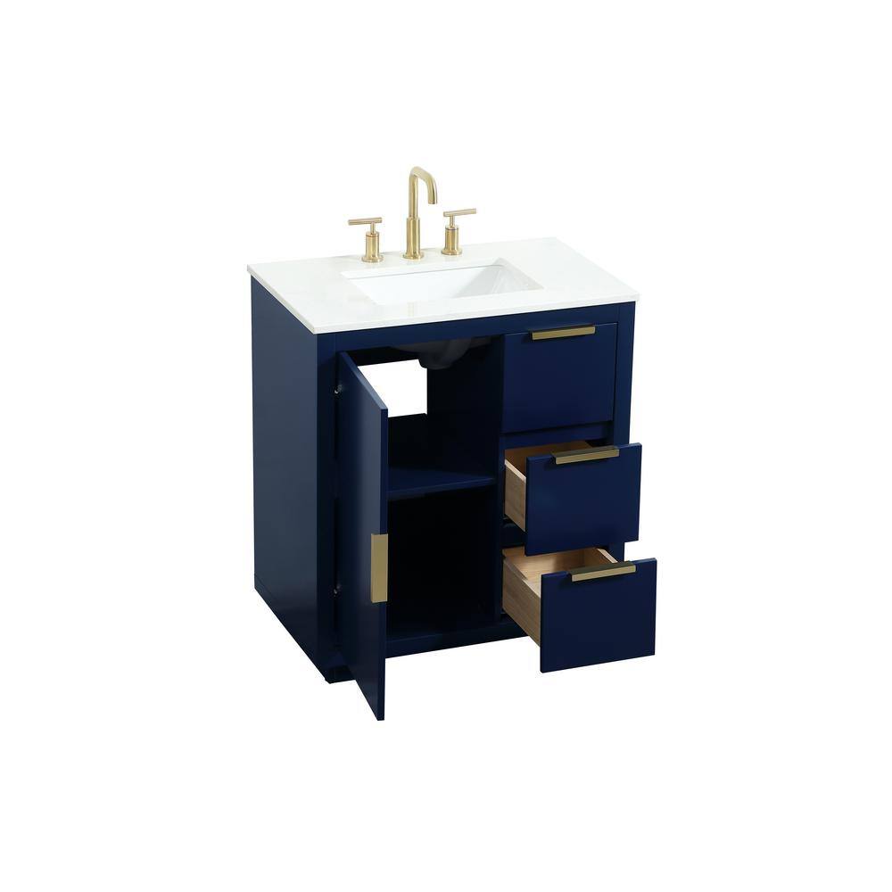 Timeless Home 30 in. W Single Bath Vanity in Blue with Quartz Vanity Top in Calacatta with White Basin TH38830HDBL