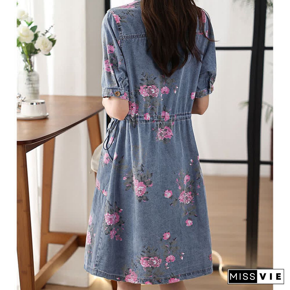 Floral Print Drawstring Lapel Denim Dress