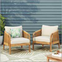 Allerton Outdoor Acacia Wood and Wicker Club Chairs with Cushions, Set of 2, Teak, Light Brown, and Beige