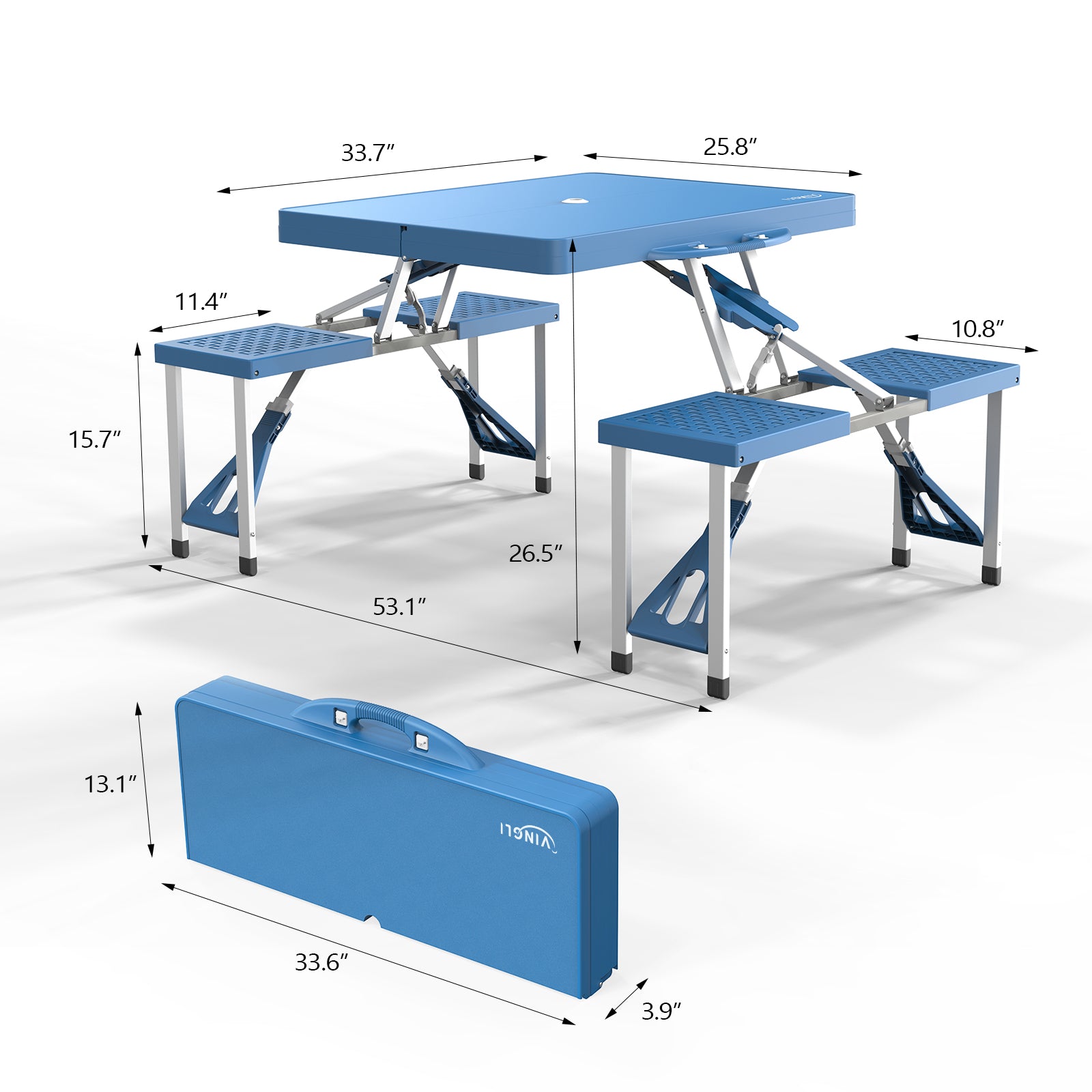 VINGLI Camping Picnic Portable Folding Table Set with 4 Seats and Umbrella Hole， Blue