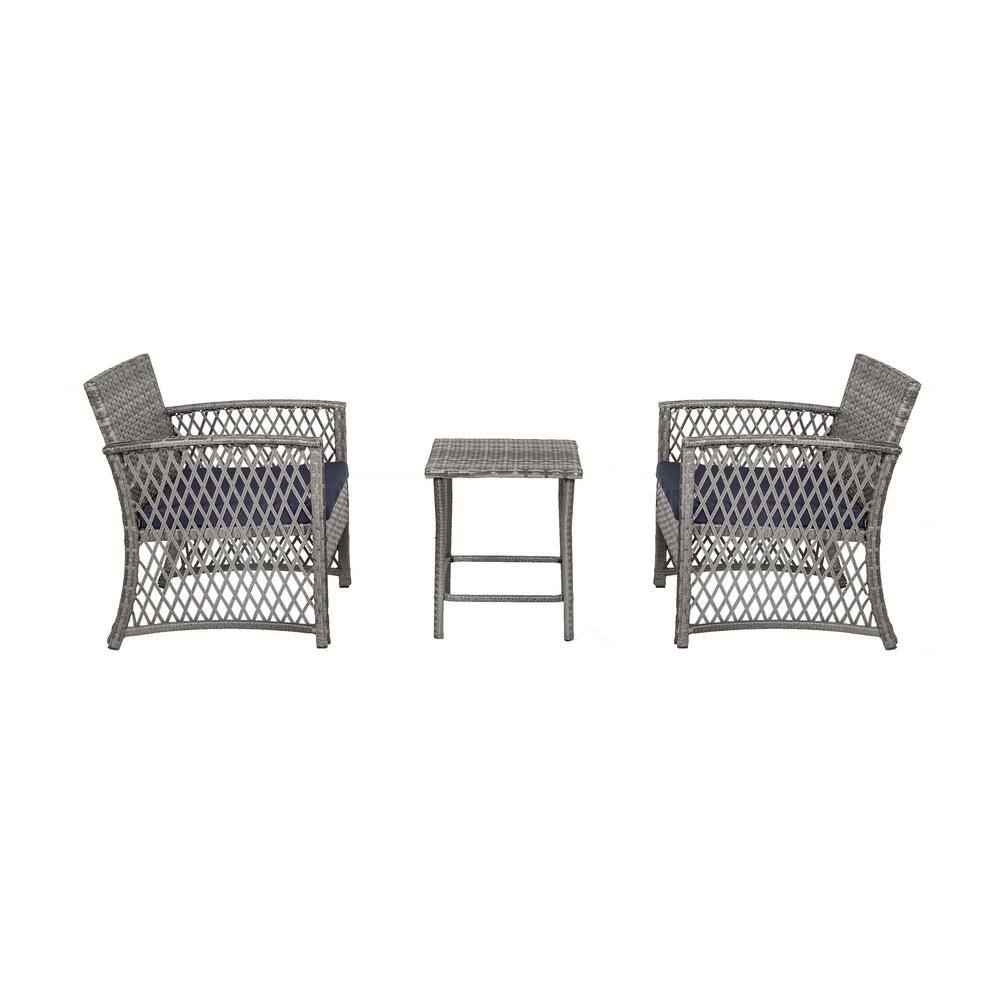 WESTIN OUTDOOR HIGHLAND 3-Piece Woven Gray Rattan Wicker Sofa Set with Navy Blue Cushions P140-04