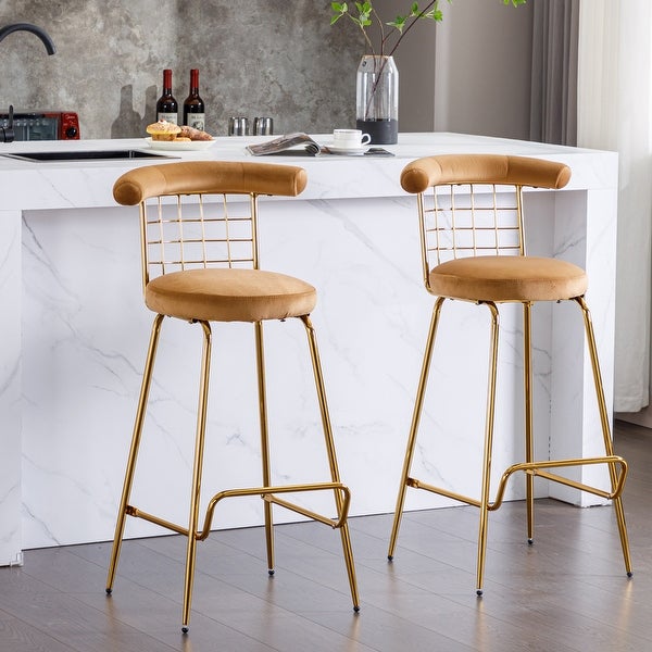 2Pcs Velvet Upholstered Bar Stools with Metal Legs and Soft Back