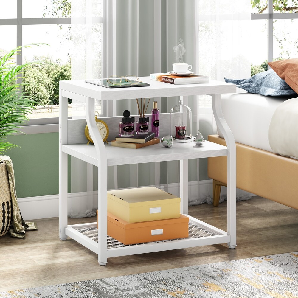 Side End Table  Industrial 3 shelf Bedside Nightstands with Storage shelves for Small Space