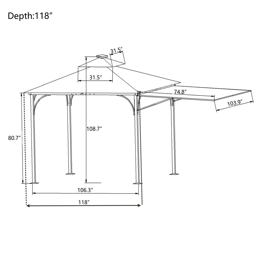 9.8ft.L x 9.8ft.W Gazebo with Extended Side Shed and LED Light