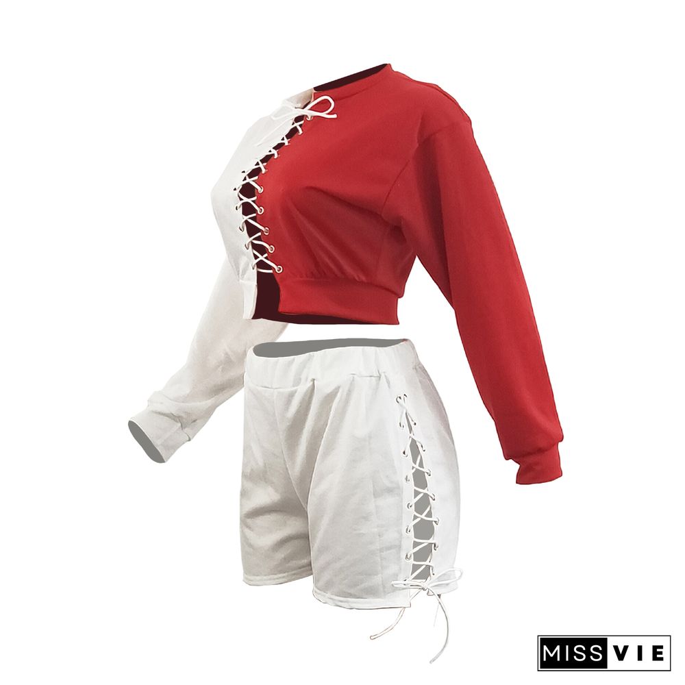 Patchwork Long Sleeve Bandage Crop Top Shorts Set