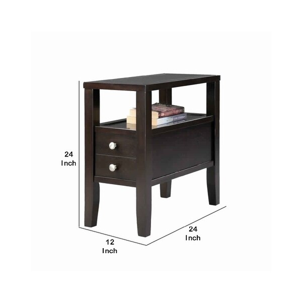 Wooden End Table with Upper Shelf and 2 Drawers， Dark Brown