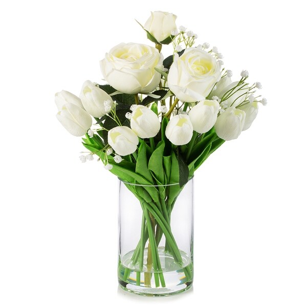 Enova Home Mixed Artificial Real Touch Tulip and Rose Flower Arrangement in Clear Glass Vase with Faux Water