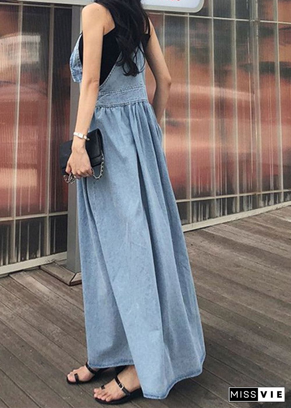 Diy Blue Slash Neck Wrinkled Pockets Denim Dress Sleeveless