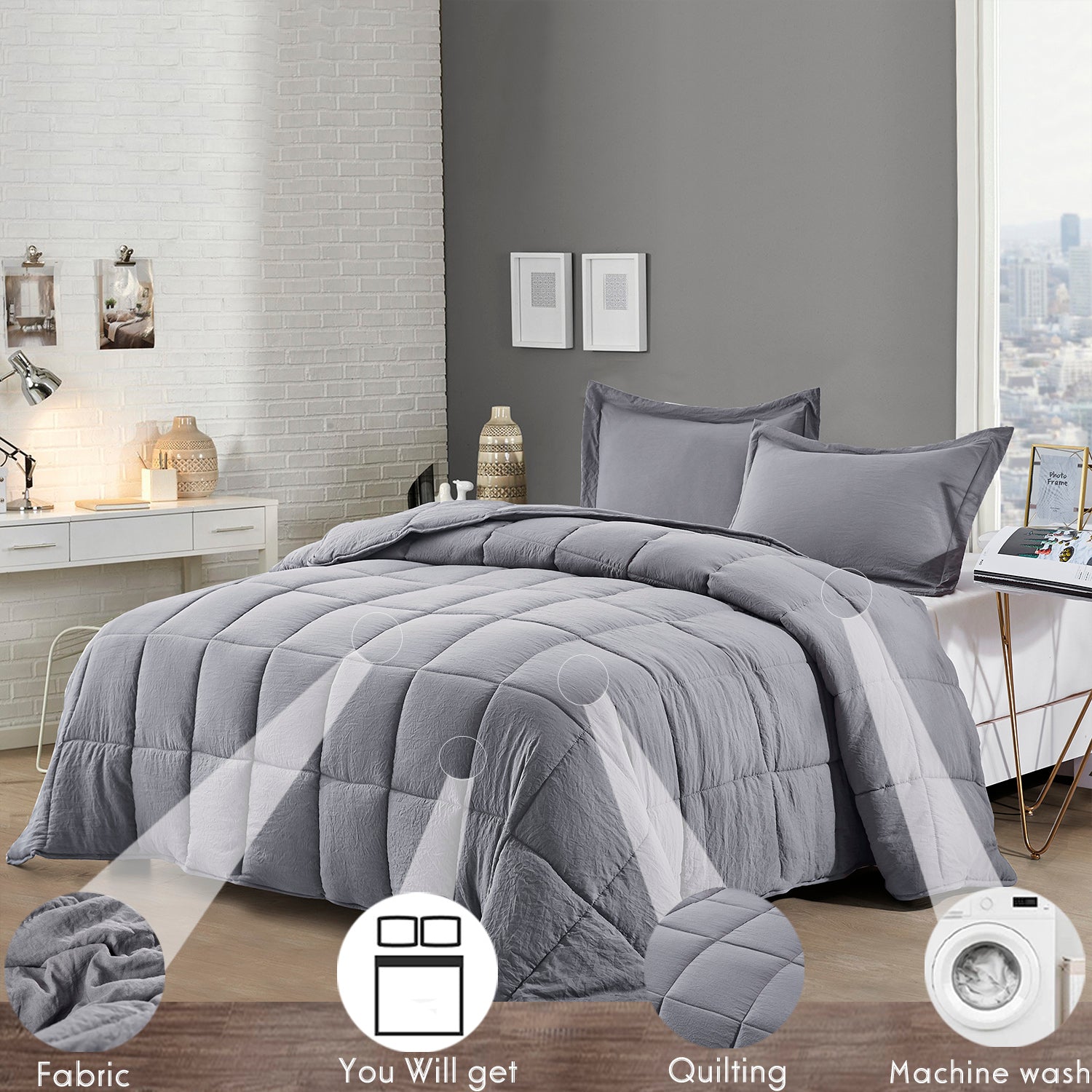 All Season Gray 3 Piece Queen Size Down Alternative Comforter Set with Corner Tabs