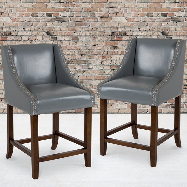 Light Grey Bonded Leather Upholstered Counter Height Dining Stools with Nailhead Trim