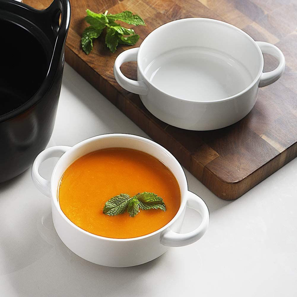 SWEEJAR Ceramic Soup Bowls，with Double Handles，20 Ounce，Set of 4(White)