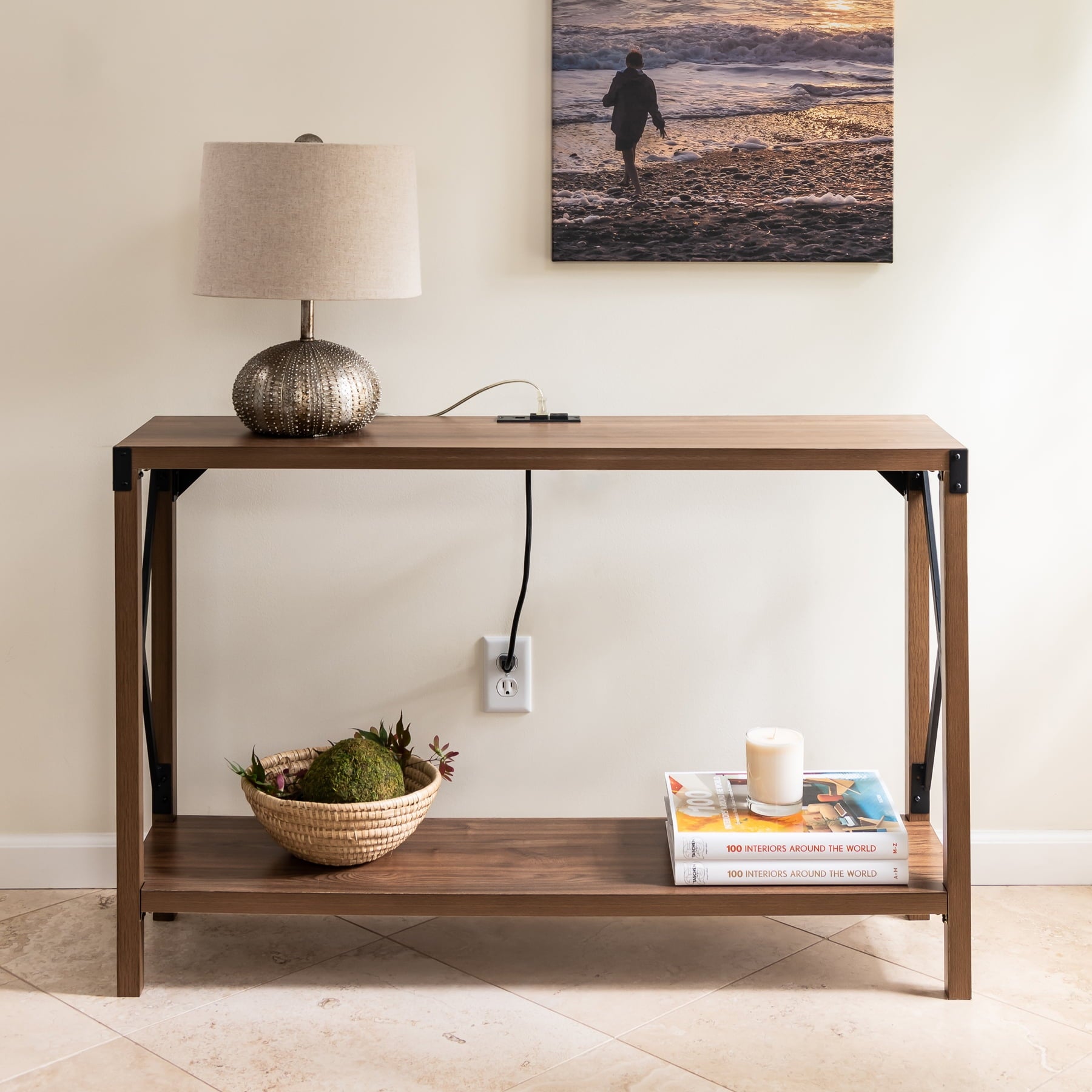 Industrial Rectangular Wood Console Table with AC Power and USB Charging Ports， Walnut