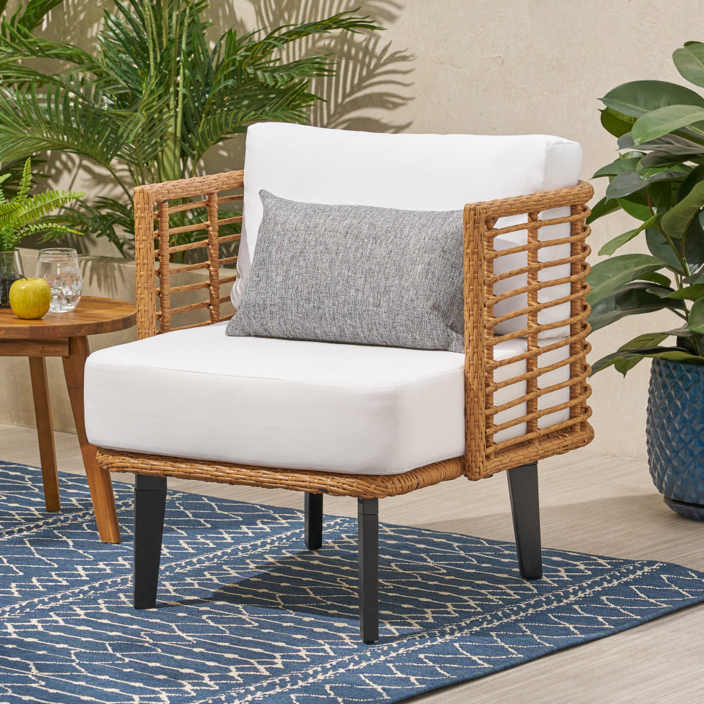 Rauser Outdoor Wicker Club Chair with Water Resistant Cushion (Set of 2)   Tropical   Outdoor Lounge Chairs   by GDFStudio  Houzz