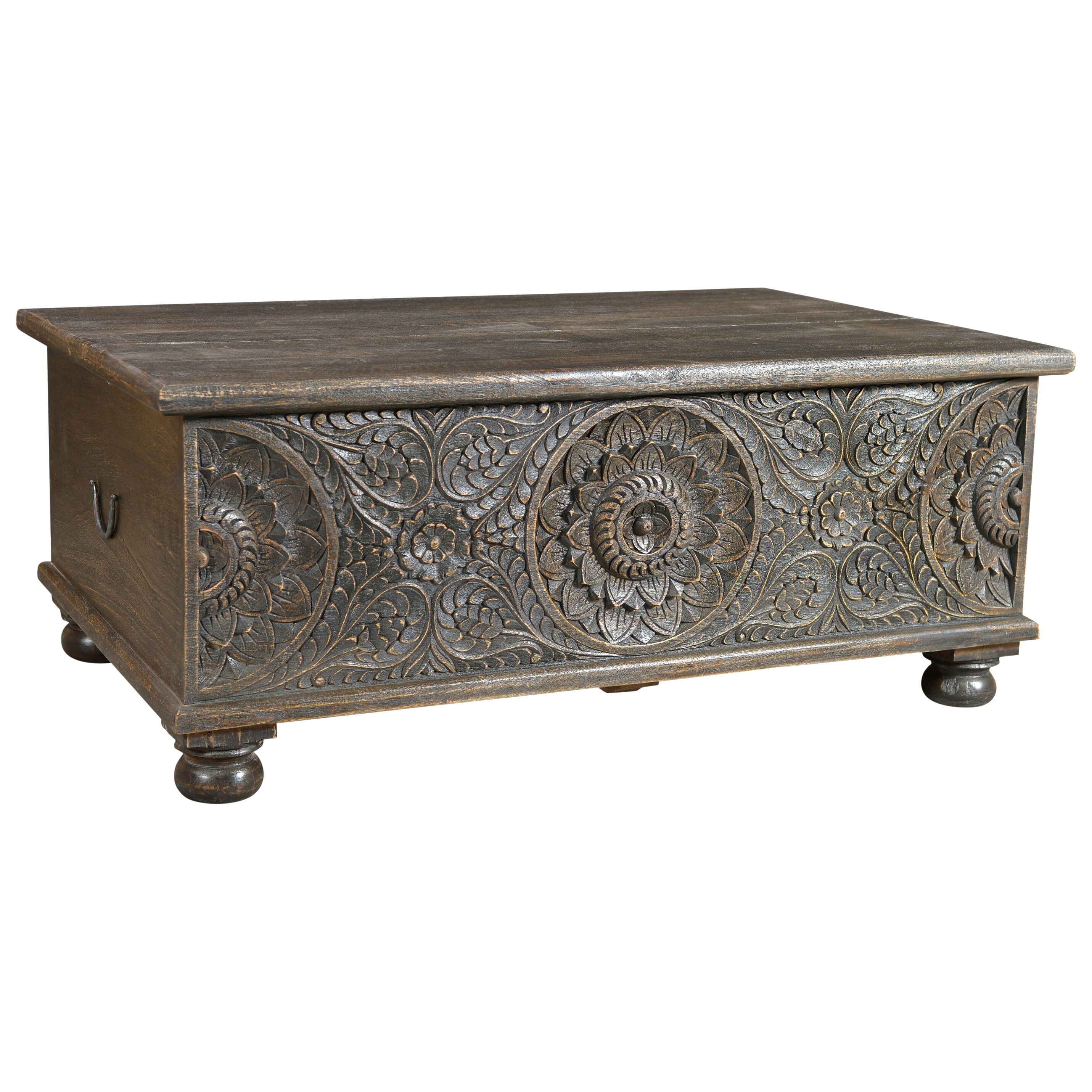 Florence Floral Carved Wood Coffee Table with Storage in Antique Black