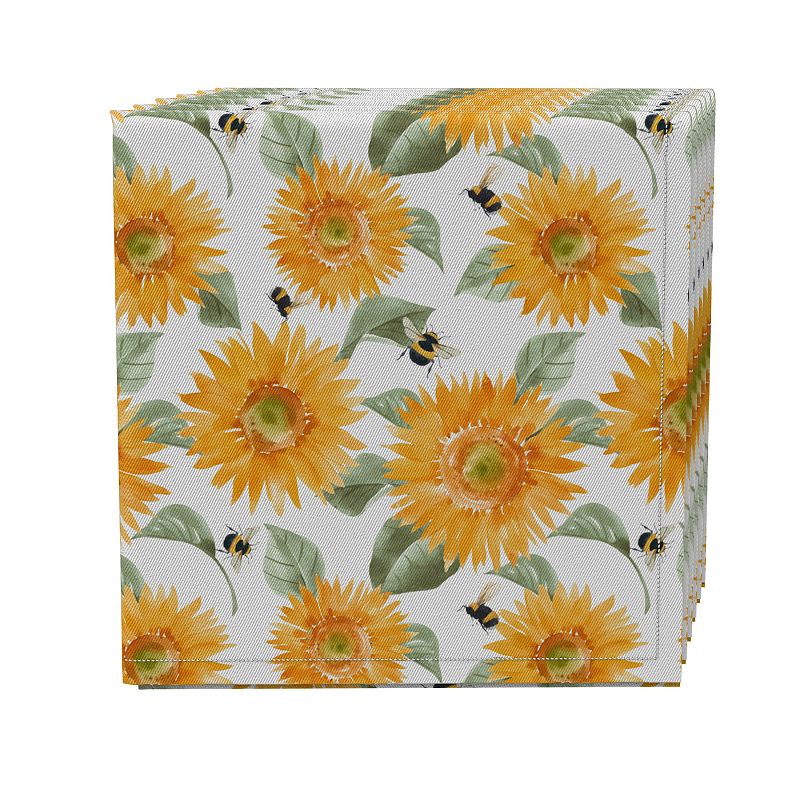 Napkin Set of 4， 100% Cotton， 20x20， Buzzing Bees and Sunflowers