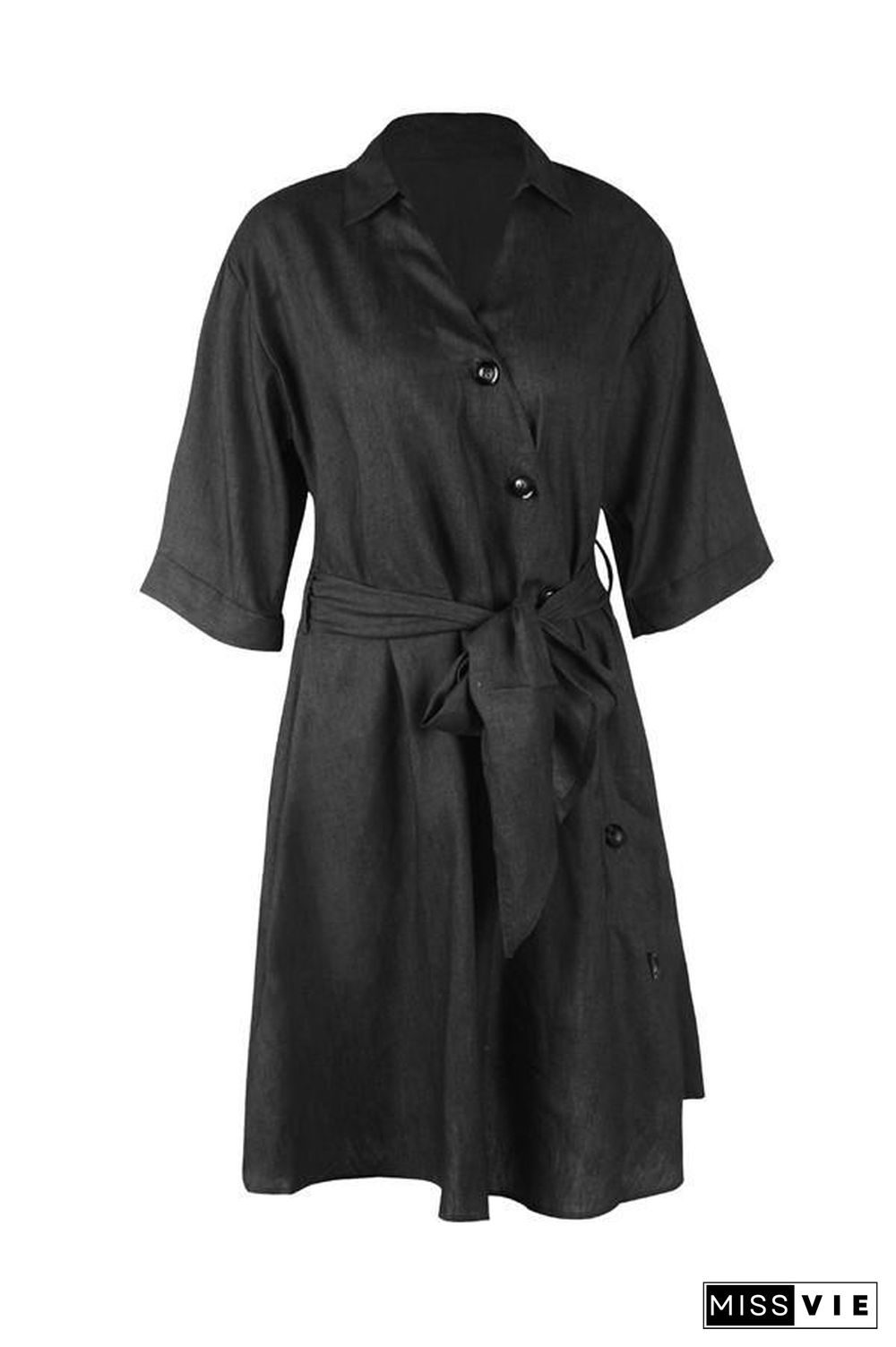 Tie Waist Button Down Elegant Shirt Dress 3/4 Sleeve Casual Dress