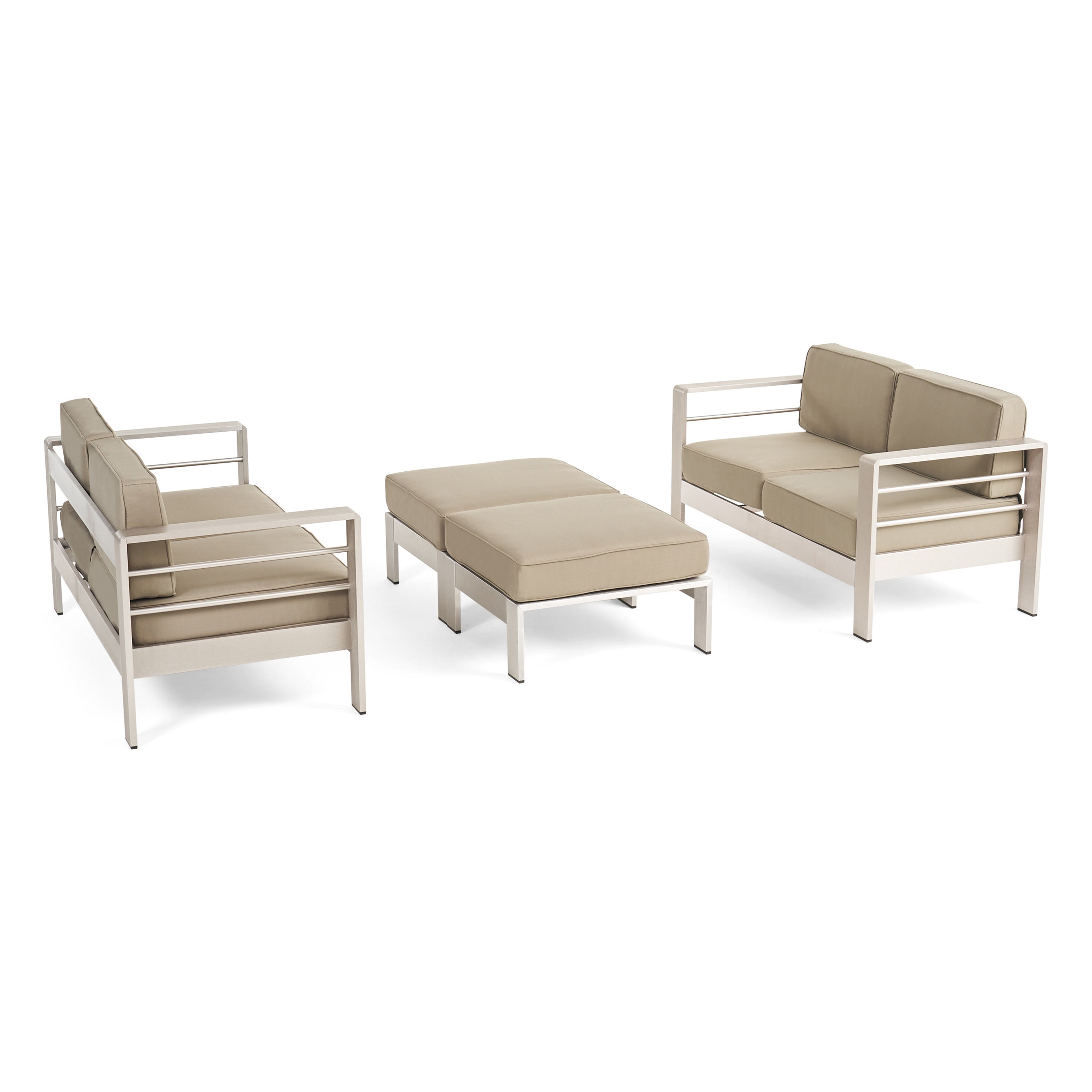 Emily Coral Outdoor 4-Seater Aluminum Loveseat and Ottoman Set, Silver and Khaki