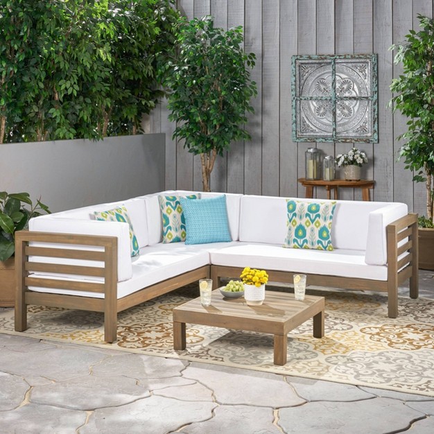 Oana 4pc Acacia Wood Patio Sectional Chat Set W Cushions Christopher Knight Home