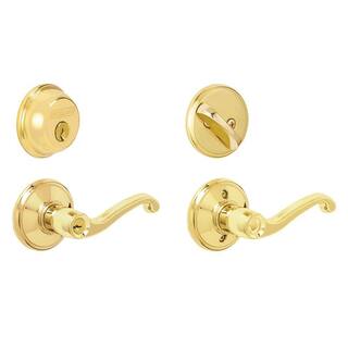 Schlage Flair Bright Brass Single Cylinder Deadbolt and Keyed Entry Door Handle Combo Pack FB50N V FLA 505 605