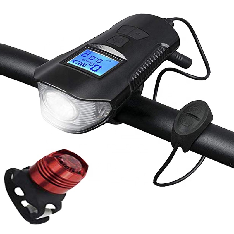 Waterproof Rainproof Speedometer Odometer Cycle Light 120db Horn Speaker USB Rechargeable Bike Front Light With Bicycle Computer