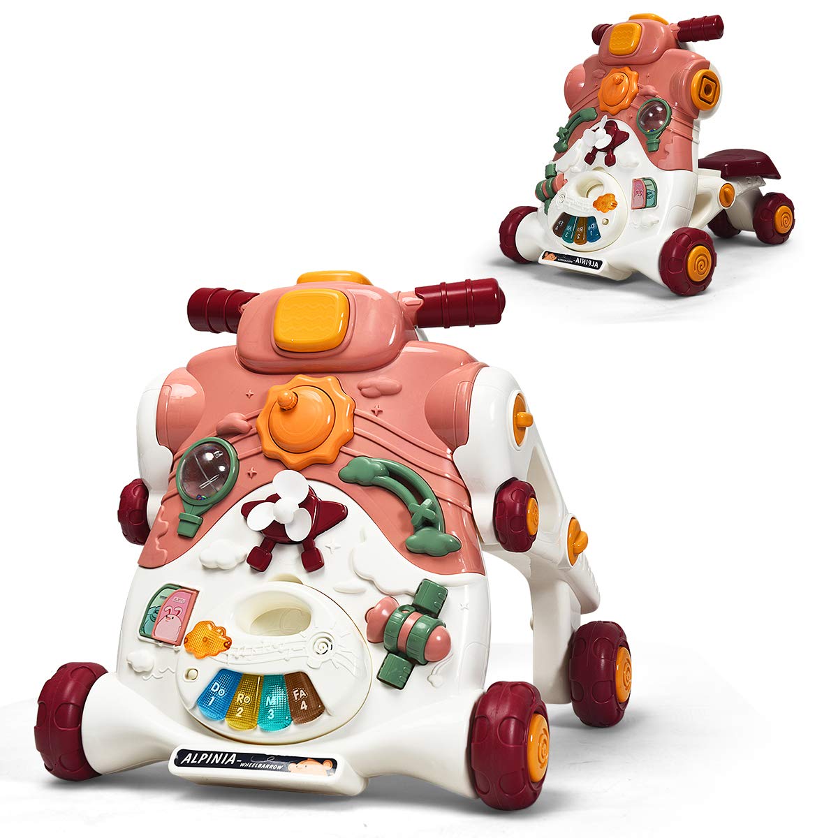 BABY JOY Sit-to-Stand Walker, 3 in 1 Baby Walker, Ride on Car, Game Panel