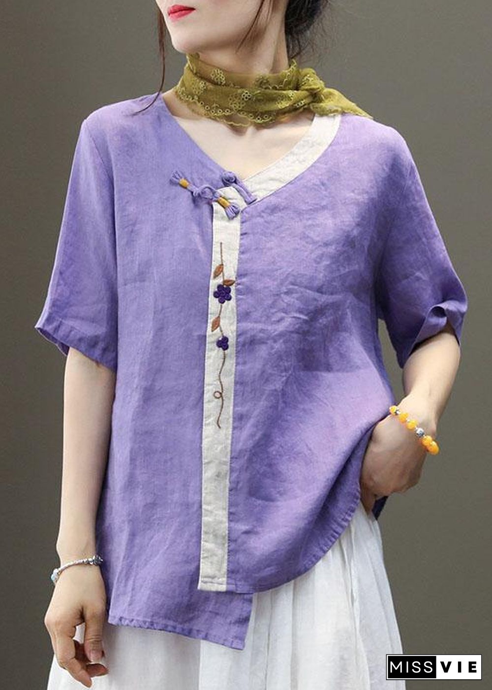 Casual Purple Embroideried Asymmetrical Design Patchwork Summer Linen Blouse Top Short Sleeve