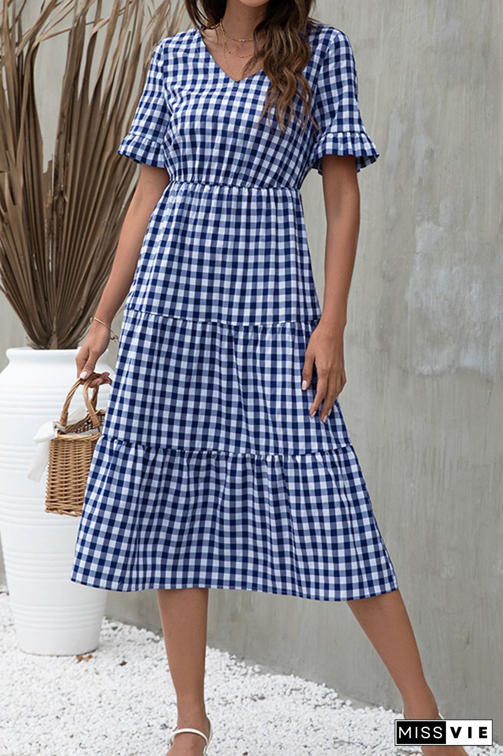 Plaid Print Short Sleeve Midi Dress Wholesale