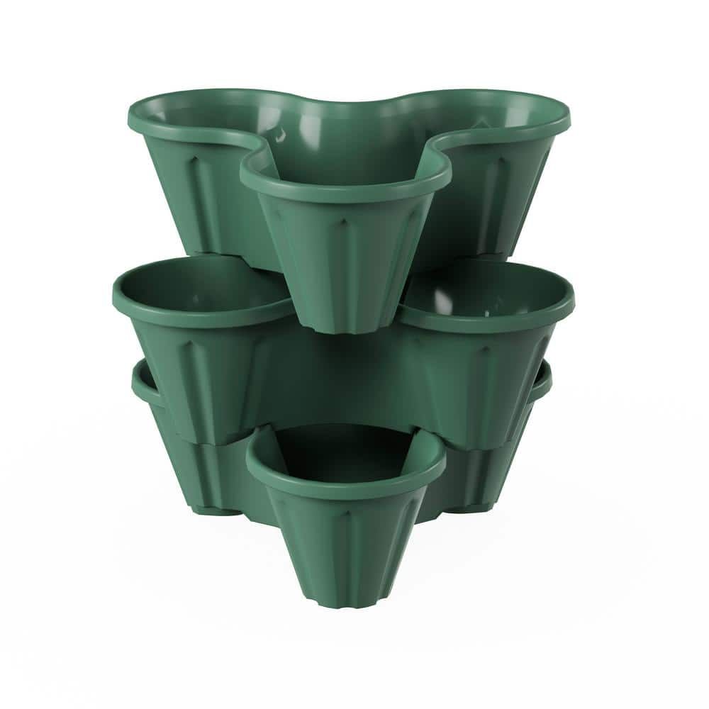 Hunter Green Plastic Stacking Planter Tower - 3-Tier Space Saving Flow Pots for Indoor/Outdoor Use (Set of 3) 956888VYO