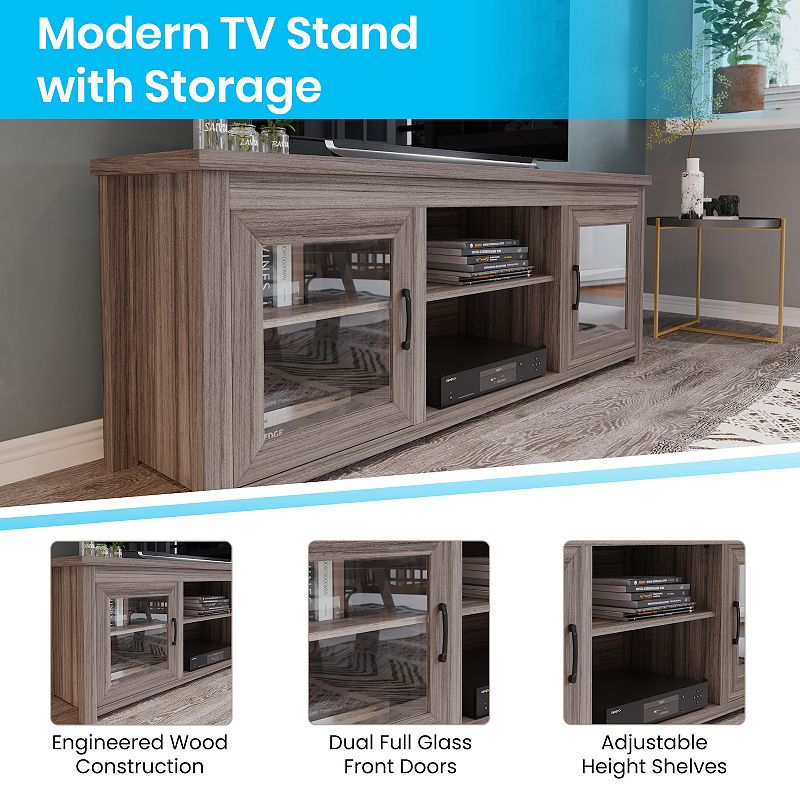 Merrick Lane Galena Traditional Full Glass Door 65 TV Stand for up to 80 TVs; White Wash Finish