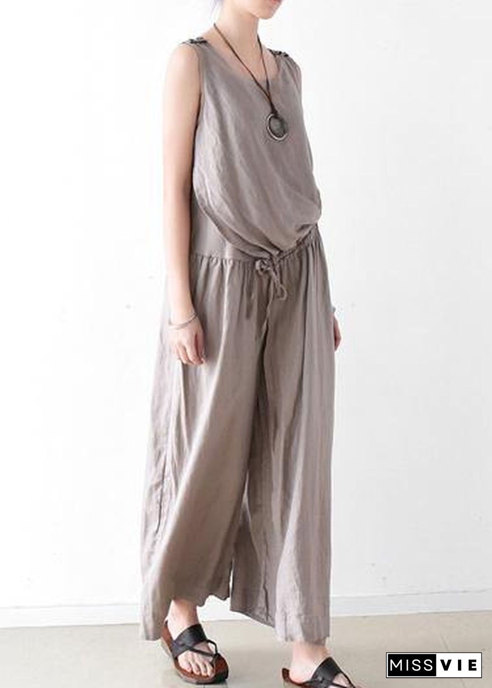 Spring Women Cotton Hemp Loose Wide Leg Jumpsuit Casual Pants