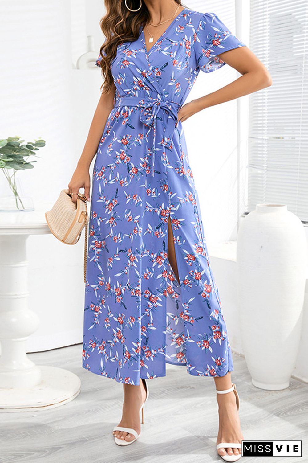 Flower Print Waist Tie Surplice Split Dress