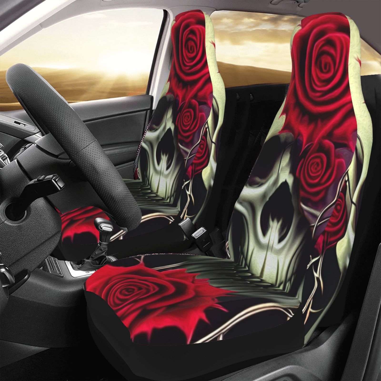 TEQUAN Front Seat Covers， Horror Gothic Death Skull Roses Pattern 2 Piece Car Seat Cover Fit Most Car SUV Truck Van