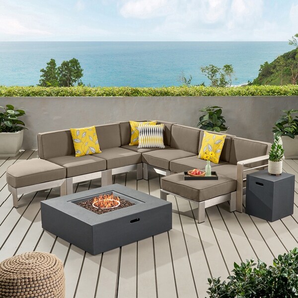 Cape Coral Half Round 5 Seater Sectional Set with Fire Pit and Tank Holder by Christopher Knight Home