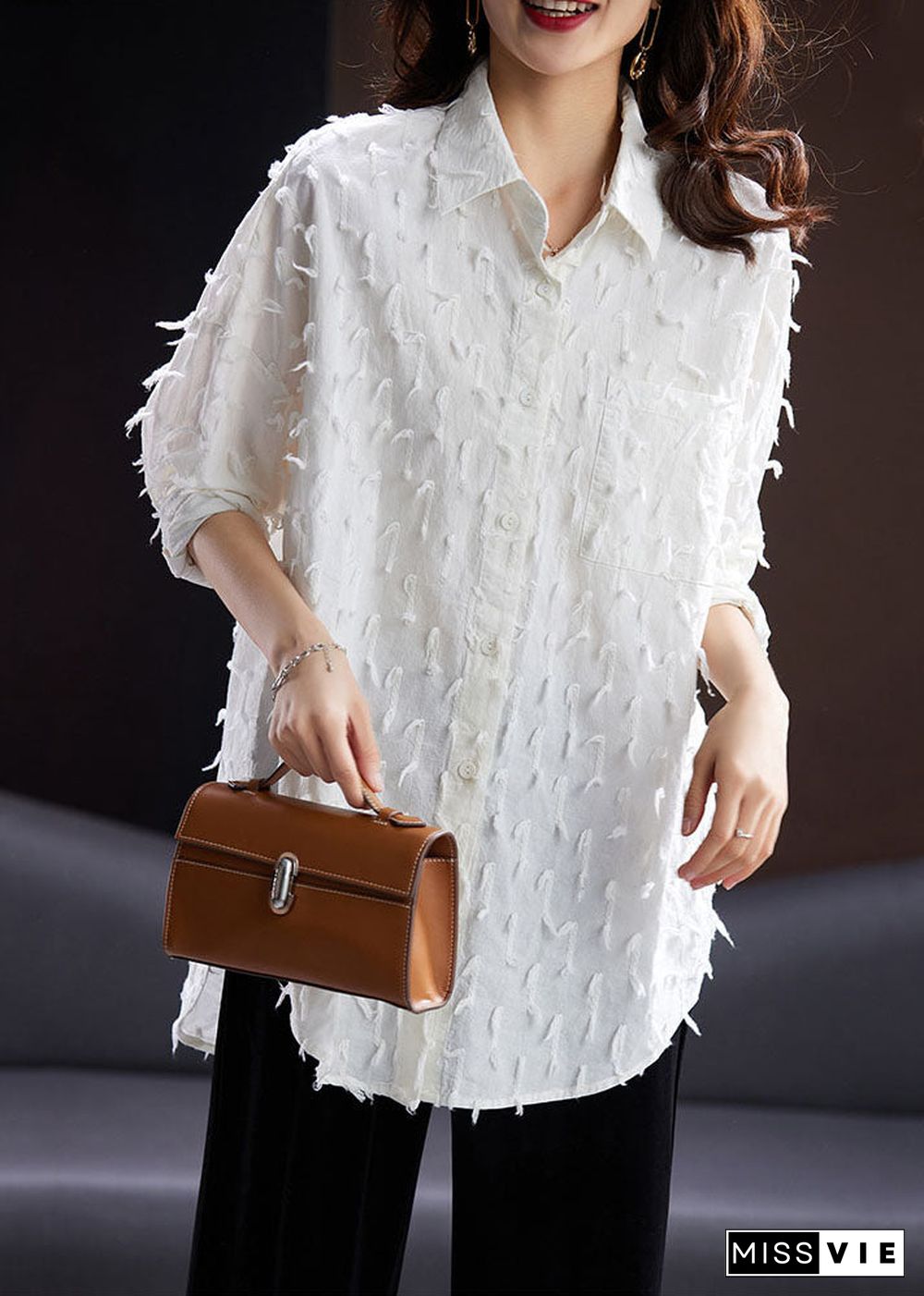 Jacquard Black Tassel Side Open Button Shirt Long Sleeve