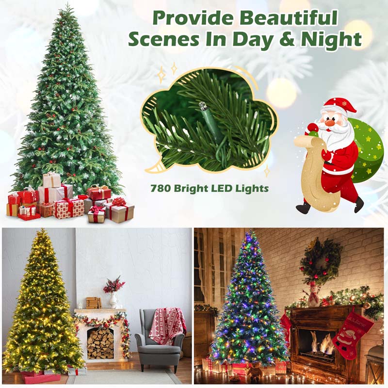 5/6/7/9FT Snowy Leaves Pre-Lit Hinged Artificial Christmas Tree with 11 Flash Modes & Multi-Color Lights