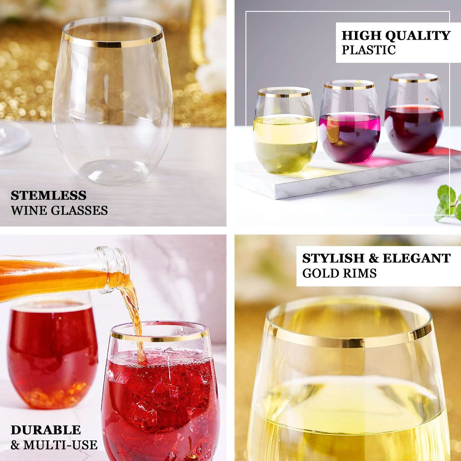 12 Pack Clear Gold Rim Plastic Stemless Wine Glasses, Reusable Wine Tumbler 12oz