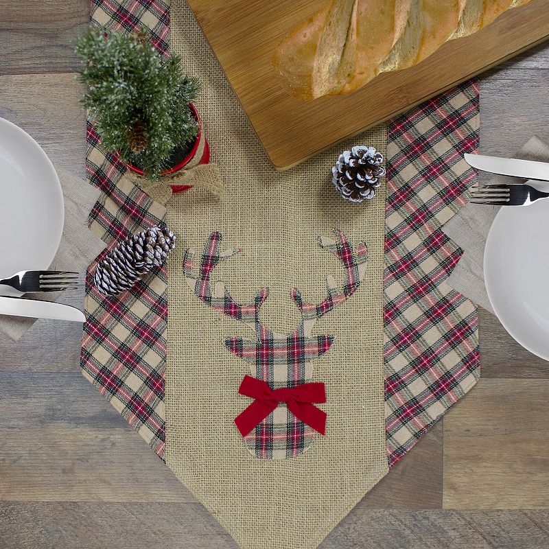 36 Red and Brown Burlap and Plaid Reindeer Christmas Table Runner