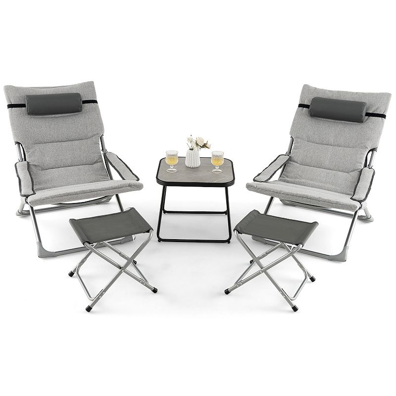 5-Piece Patio Sling Chair Set Folding Lounge Chairs with Footrests and Coffee Table-Grey